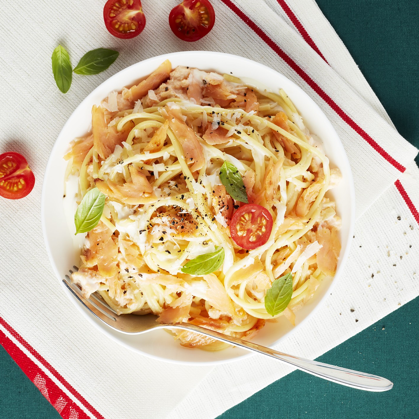 Spaghetti façon carbonara à la Truite Fumée